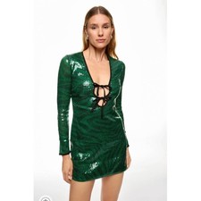 The Wolf Gang Brillo Dress Green Sequin Zebra Print Long Sleeve V Neck Sz S