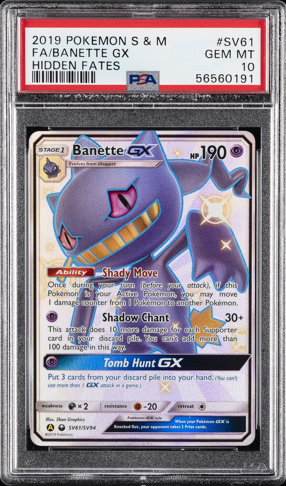 2019 POKEMON SUN & MOON HIDDEN FATES #SV61 FULL ART/BANETTE GX PSA 10