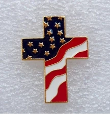American Flag Cross Gold Tone & Enameled Lapel Pin USA Patriotic