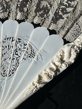 Antique Hand Carved Bone Fan With Lace, Repousse Exquisite Detail Goddesses 11
