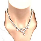 Vintage Silver Tone Milk Glass Rhinestones Prong Choker necklace 16'L