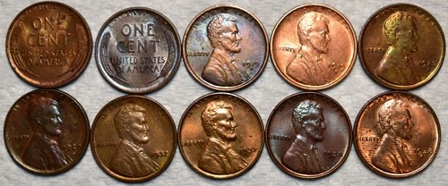 10x AU-UNC Lincoln Cents, 2x 1909 VDB, 1919-DS, 1927-DS, 1932, 1937-D, & 1938-DS