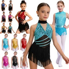 Kids Girls Fringe Ballet Leotard Dress Figure Ice Skating Dress Latin Jazz Dance