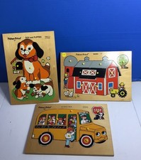 Set Of 3 Vintage Fisher Price Peg Puzzles Dog, Bus, Farm 1972 All Complete