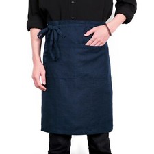Pure Linen Bistro Half Apron - 25 x 35 Inch Unisex Waist Aprons with Large Po...