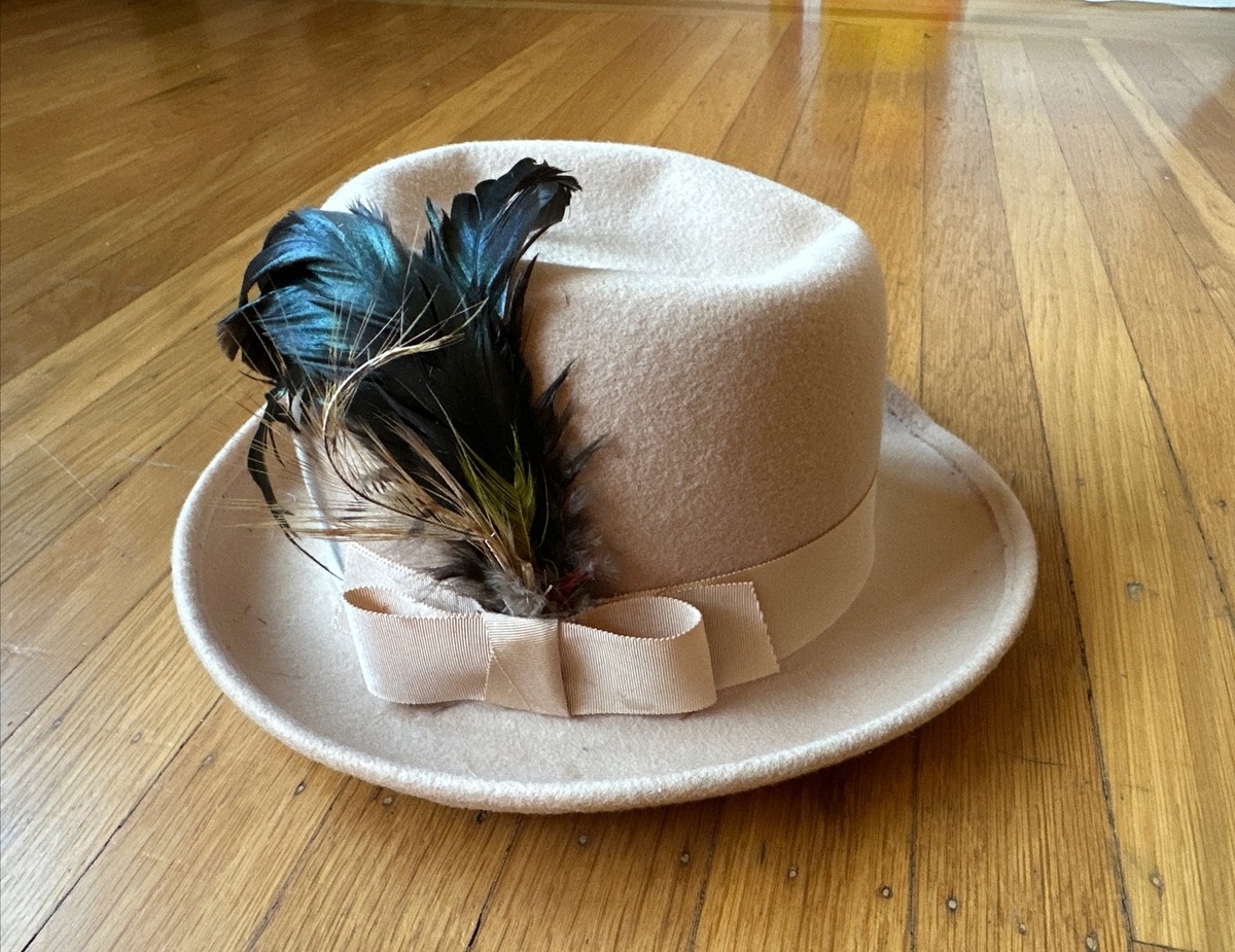 Vintage Women's Pink Splendid Wool Brim Fedora Hat Feather Bow