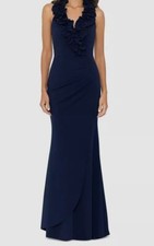 with tags Xscape Womens Blue Ruffled VNeck Sleeveless Ruched Gown Dress G1N