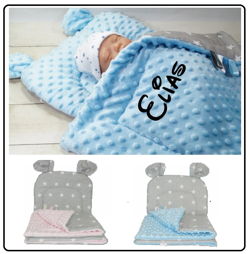 Personalisiertes Kinderwagen-Set Mit Namen - Kuscheldecke & Ohrenkissen In Hellblau Mit Sternen