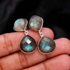 Labradorite Gemstone Stud Earring Dangle 925 Sterling Silver Jewelry For Women