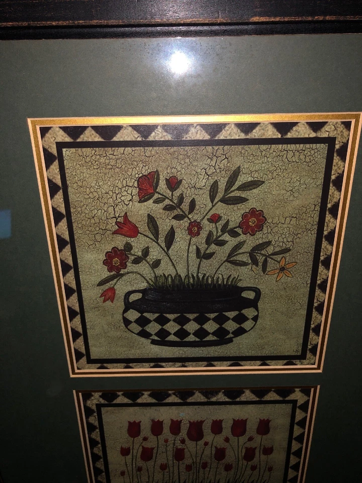 CUSTOM FRAMED AND MATTED FOLK ART STILL LIFE FLOWER PRINTS - 35" H x 19" W - Image 2 of 4