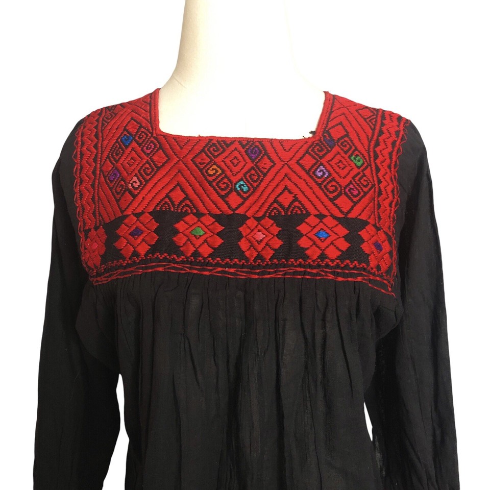 Boho Peasant Blouse Size Medium Red Ethnic Embroidery Black Lightweight
