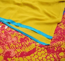 Vintage Red Yellow Saree Pure Crepe Silk Printed Indian Sari Fabric 5yd Sewing