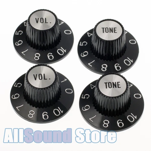  4 BLACK Witch Hat KNOBS w/ SILVER Reflectors for Epiphone® Import Coarse Spline