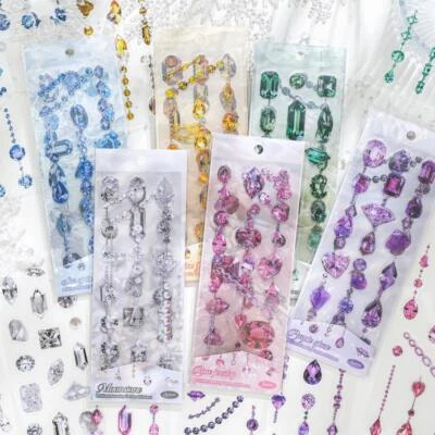BELEBEE 3 Sheets Gemstone Jewelry PET Stickers Journal Photo Card Album Scrapbook Crafts