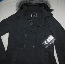 Ymi Woman's Jacket/coat - Charcoal Wool Blend With Fur Hood