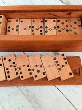 Vintage Wood Domino Game Pieces With Box - Carved Folk Art