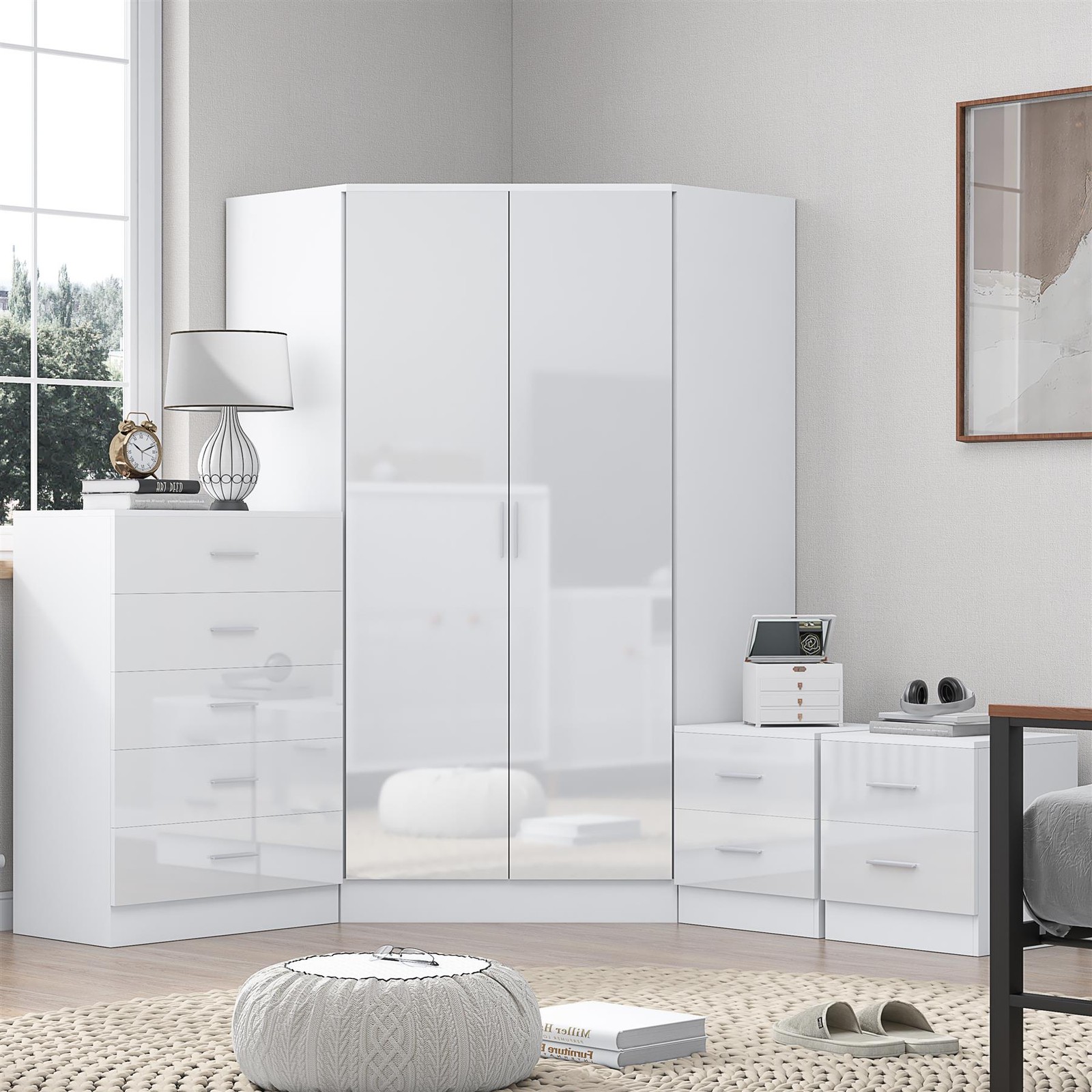 REFLECT Corner Wardrobe + 5 Drawer Chest + 2x 2 Drawer Bedsides - White/White - Image 3