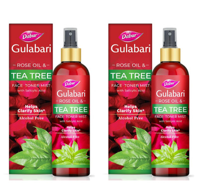 2 X Dabur Gulabari Rose Oil & Tea Tree Face Toner Mist & Rosewater - 200ml