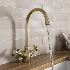 Sinkoro Traditional Kitchen Mixer Tap Brass Twin Crosshead Gold Brushed Brass