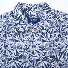 ETON Blue Floral 100 Cotton Mens Casual Short Sleeve Dress Shirt - LARGE