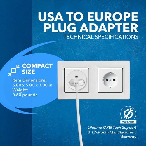 OREI Pack 6 European Travel Plug Adapter - USA, Canada, Mexico to European Ty... - Picture 4 of 9