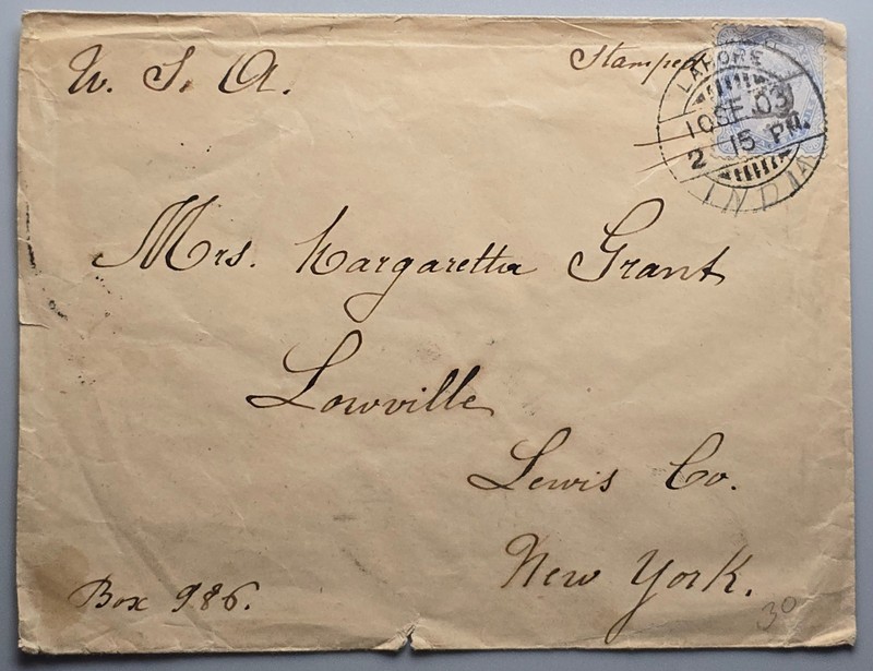 British India 2a6p Cover Lahore 1903 to Lowville NY - Long Distance India to USA