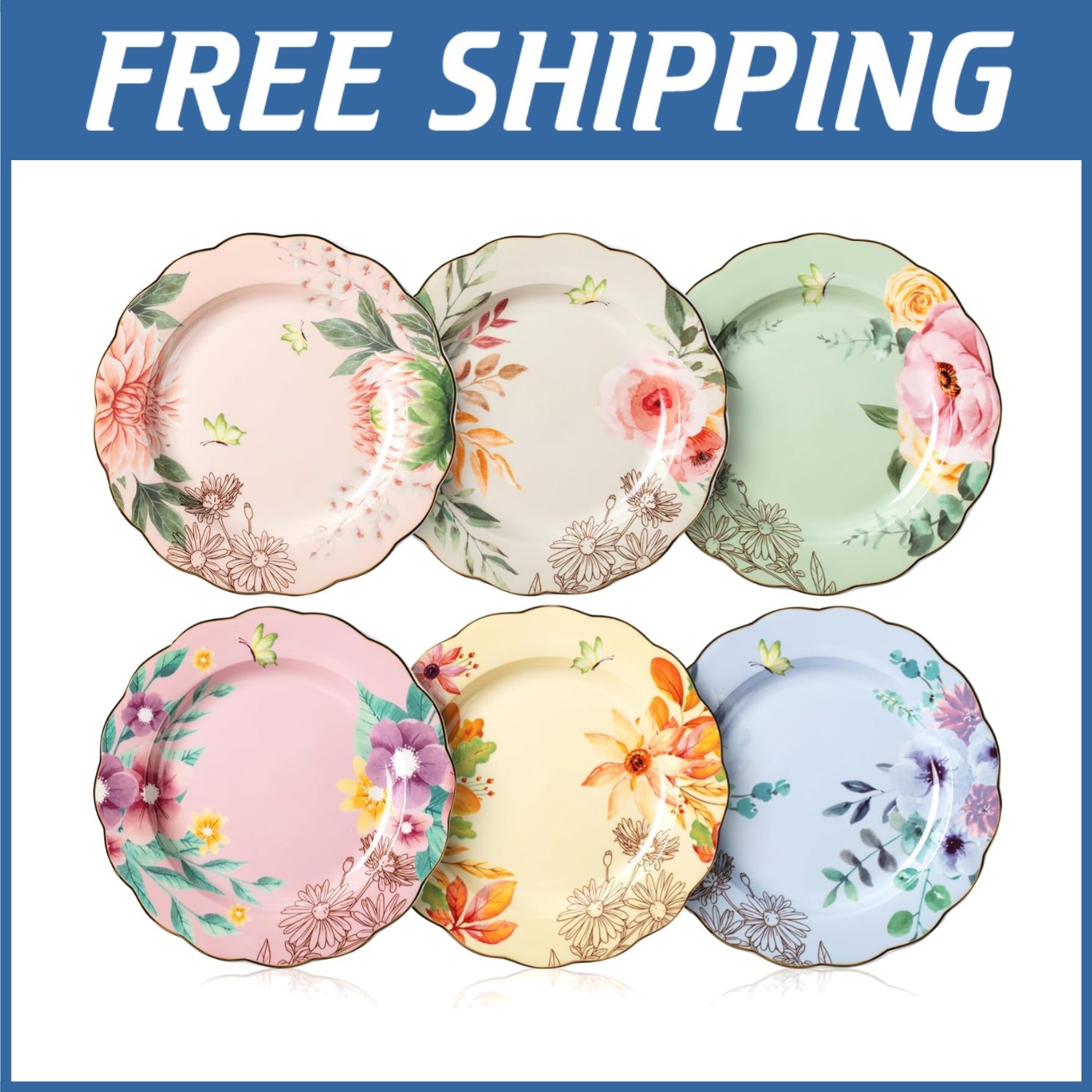 Porcelain Floral Dinnerware Set, 8", Pack of 6
