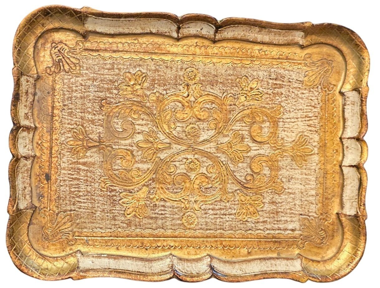 Vintage Florentine Tray Gold Gilded Italian Wooden Ornate 15.5x10.5" Rectangular