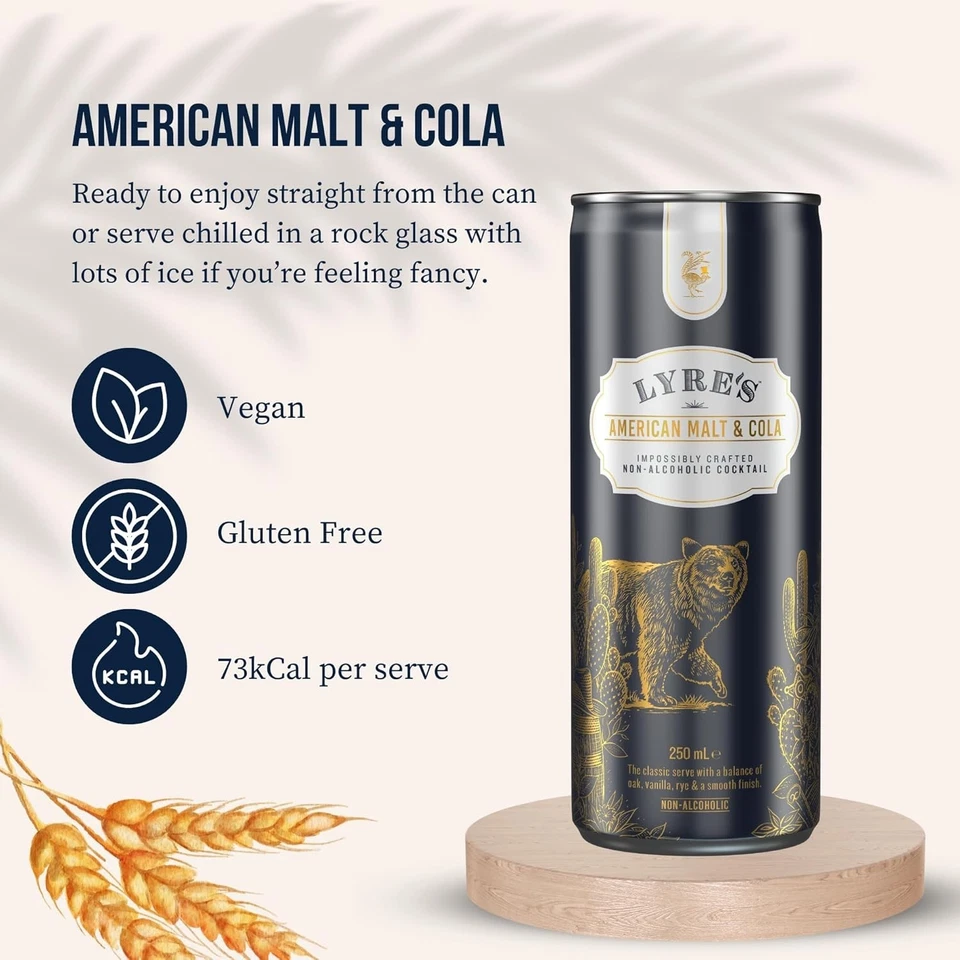 LYRE'S American Malt & Cola cóctel sin alcohol 8,45 fl oz - Paquete de 24 liras Foto 3 de 4
