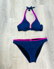 Victoria's Secret Colorblock Halter Padded Bikini Set Blue/Pink/Black 36B L