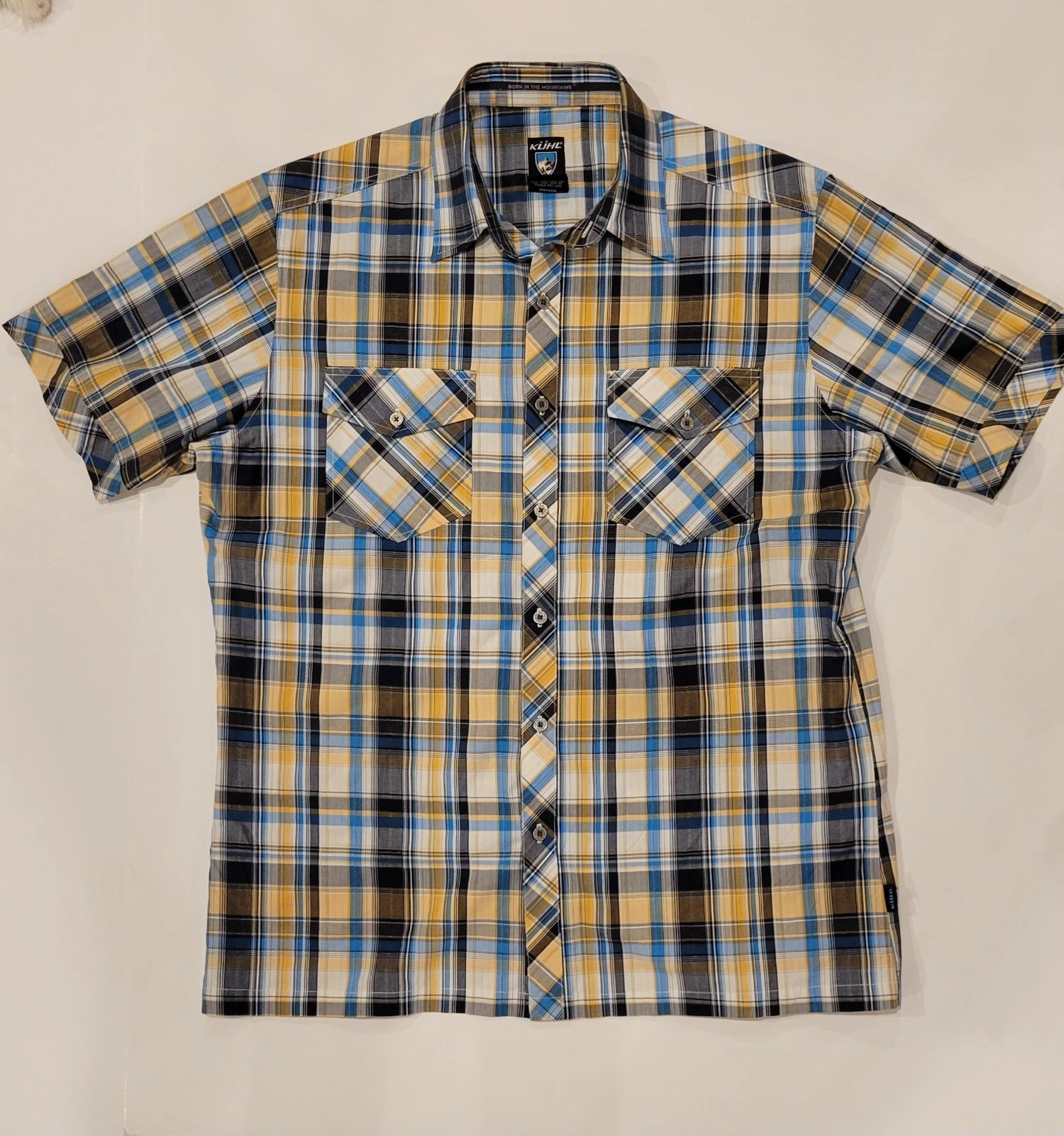 Kuhl Mens Suncel Blue Yellow Plaid Button Down Outdoor Shirt Size Large Hiking