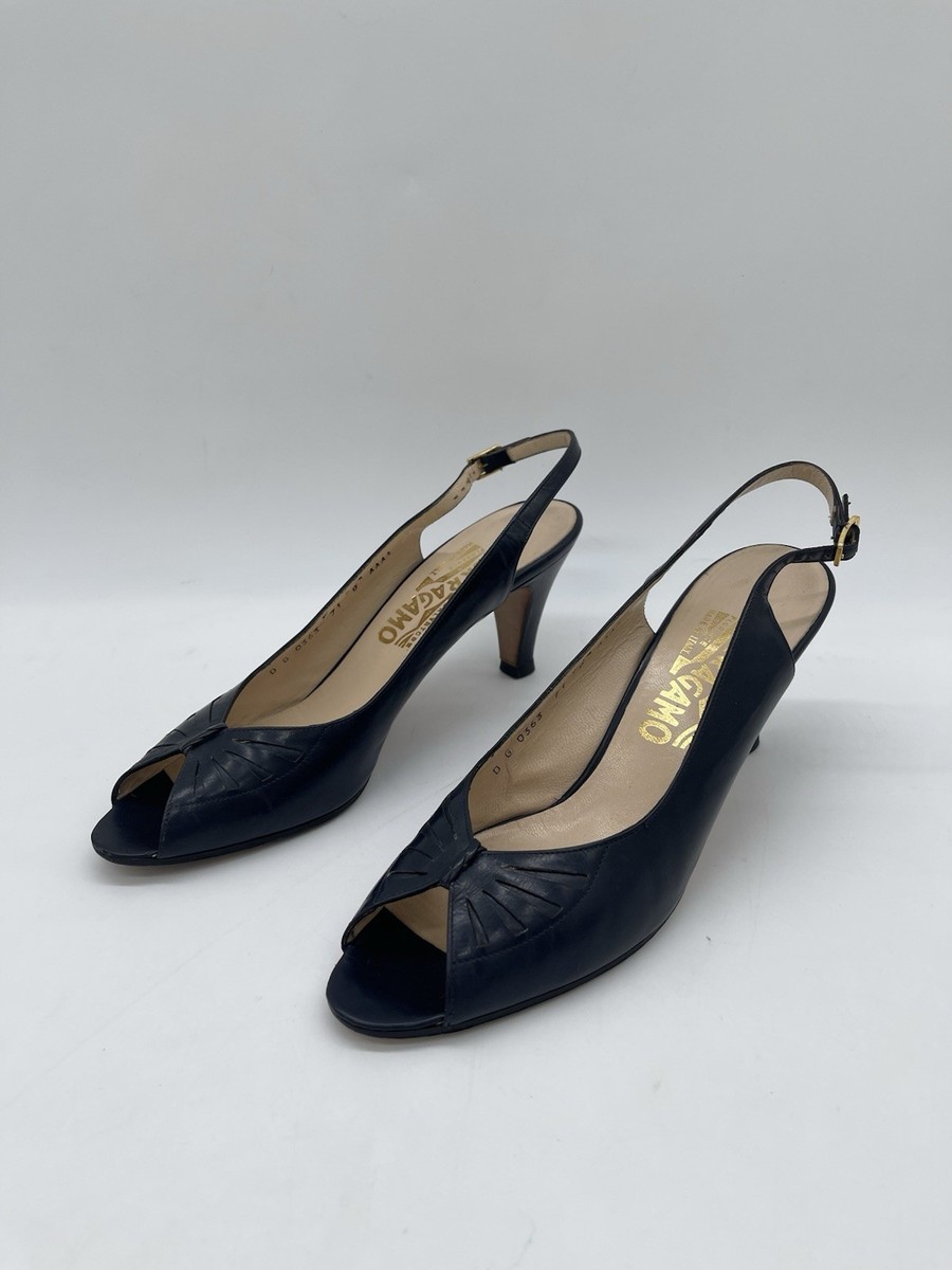 Vintage Salvatore Ferragamo Navy Leather Peep Toe Slingback