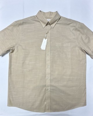 Roundtree Yorke Gold Label Men Shirt Large Short Sleeve Non Iron Cotton Beige
