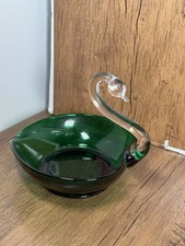 Vtg Martinsville Viking Glass Emerald Green Swan Candy Dish W/ Clear Glass Neck