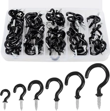 90 Pcs Black Ceiling Hooks Kit - 6 Sizes Vinyl Coated Screw-In Hooks for Hanging