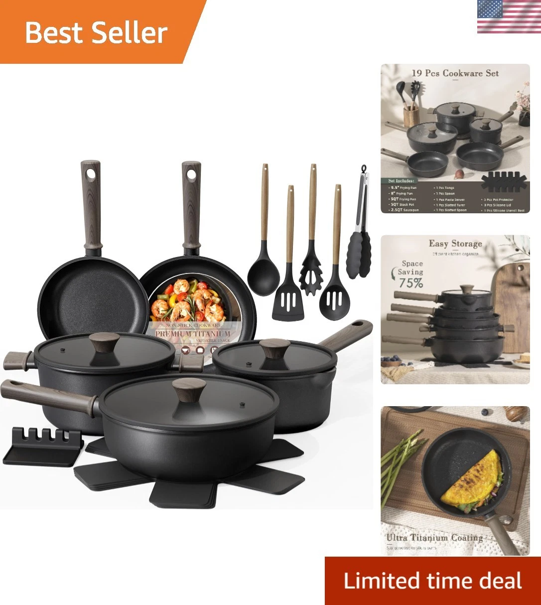 Elegant 19 Pcs Black Titanium Cookware Set - PFAS & PFOA Free, Dishwasher Safe