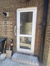 White uPVC Single Front Entrance Door, Glazed Patterned Glass, Hardware