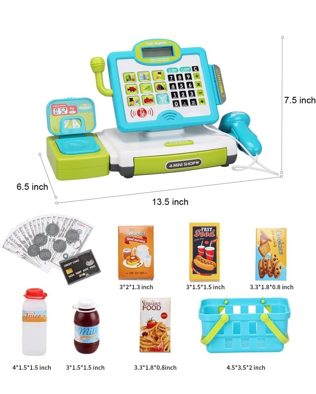 как выглядит Pretend Play Calculator Cash Register Blue Set with Basket, Food, Money фото