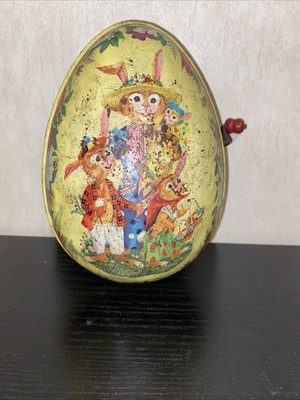 Vintage Mattel 1954 Tin Litho Easter Egg Wind Up Toy Bunny Family not working