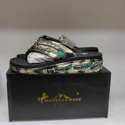 Montana West Women's Wedge Slide Sandals Black Turquoise Rhinestone 8 NIB