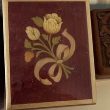 Wood Wind-Up Music Box w/ Floral Inlay, Wind-Up Mechanism  Key, Italy