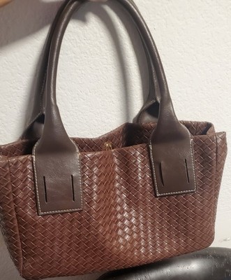 Vintage Woven Brown Leather Satchel Handbag Top Handle Doctor Bag Boho Chic
