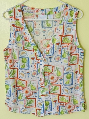 CYNTHIA ROWLEY Women s Sleeveless V-Neck Button Top Linen Blend WHT/PASTEL Sz M