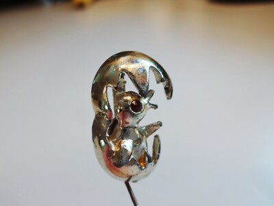 Vtg CHICK HATCHING FROM CRACKED EGG PIN Easter Brooch Silver Tone Red Eye Farm