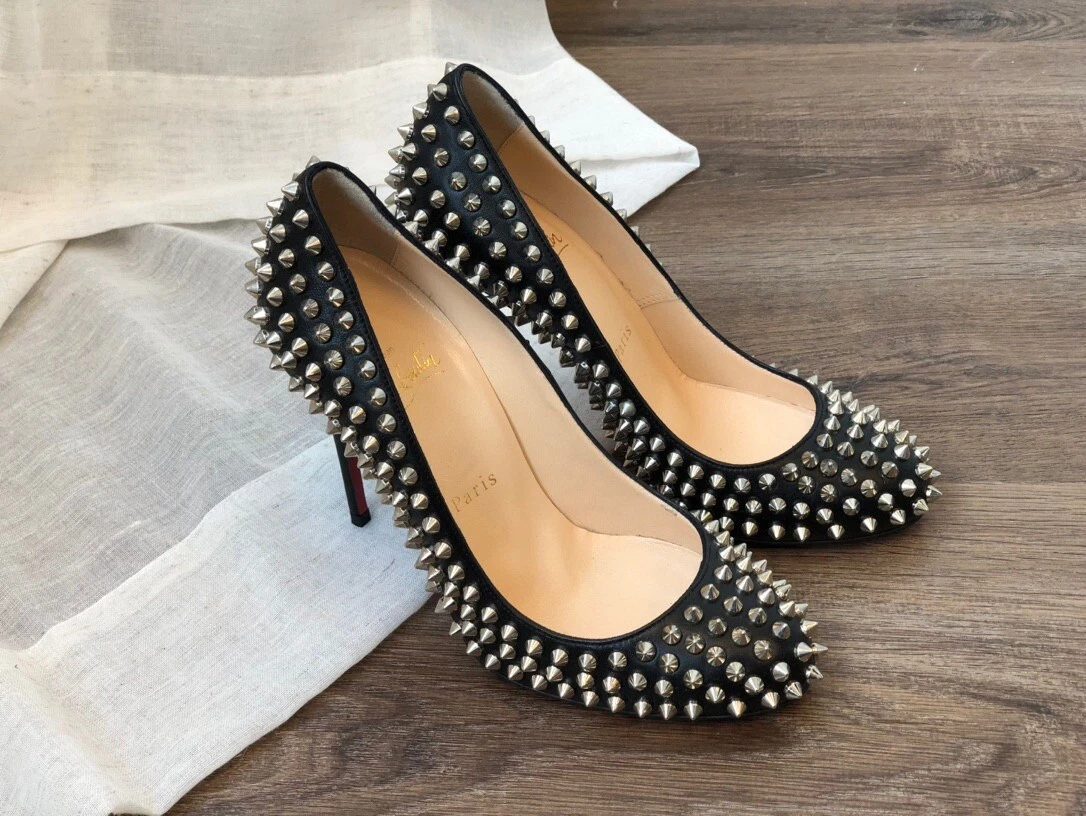 AUTH CHRISTIAN LOUBOUTIN FIFI SPIKES LEATHER SILVER STUDDED PUMPS