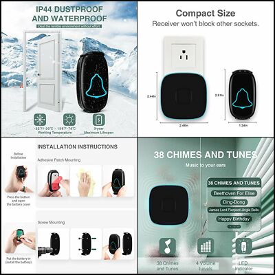 Wireless Doorbell BO YING Waterproof  38 Melodies  Adjustable Volume,  LED Flash