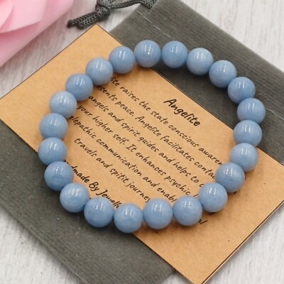 Angelit Armband Stretch Fit Handarbeit + Geschenktüte & Karte Kristall Edelstein 6/8mm
