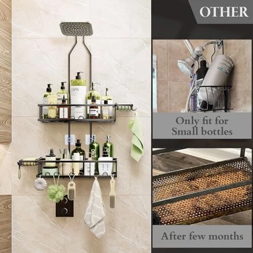 Shower Caddy Hanging: Adjustable Height No Blocking to Shower Head - Black