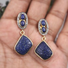 Lapis Lazuli Flower Carving Earrings 925 Sterling Silver Hand Carved Jewelry