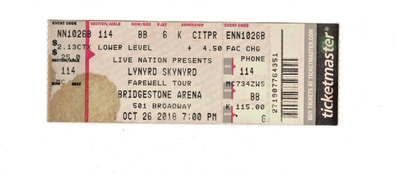 10/26/18 Lynyrd Skynyrd Concert Ticket Stub Bridgestone Arena, Nashville, TN
